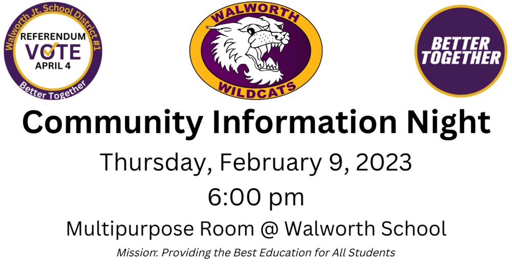 Community Information Night Thursday February 9th 2023 at 6 PM Walworth School Multipurpose Room Referendum Vote April 4 Logo Walworth Wildcats Logo Better Together Logo