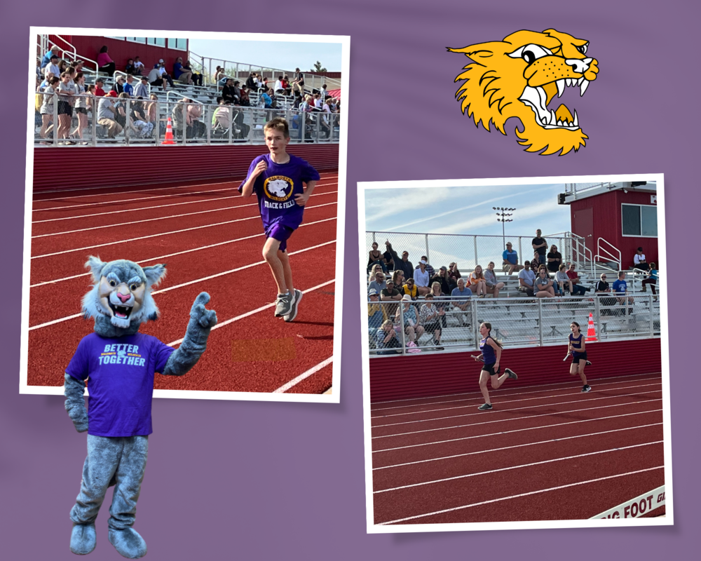 Three Track Athletes Running with a Wildcat Logo and Photo of Wesley the Wildcat