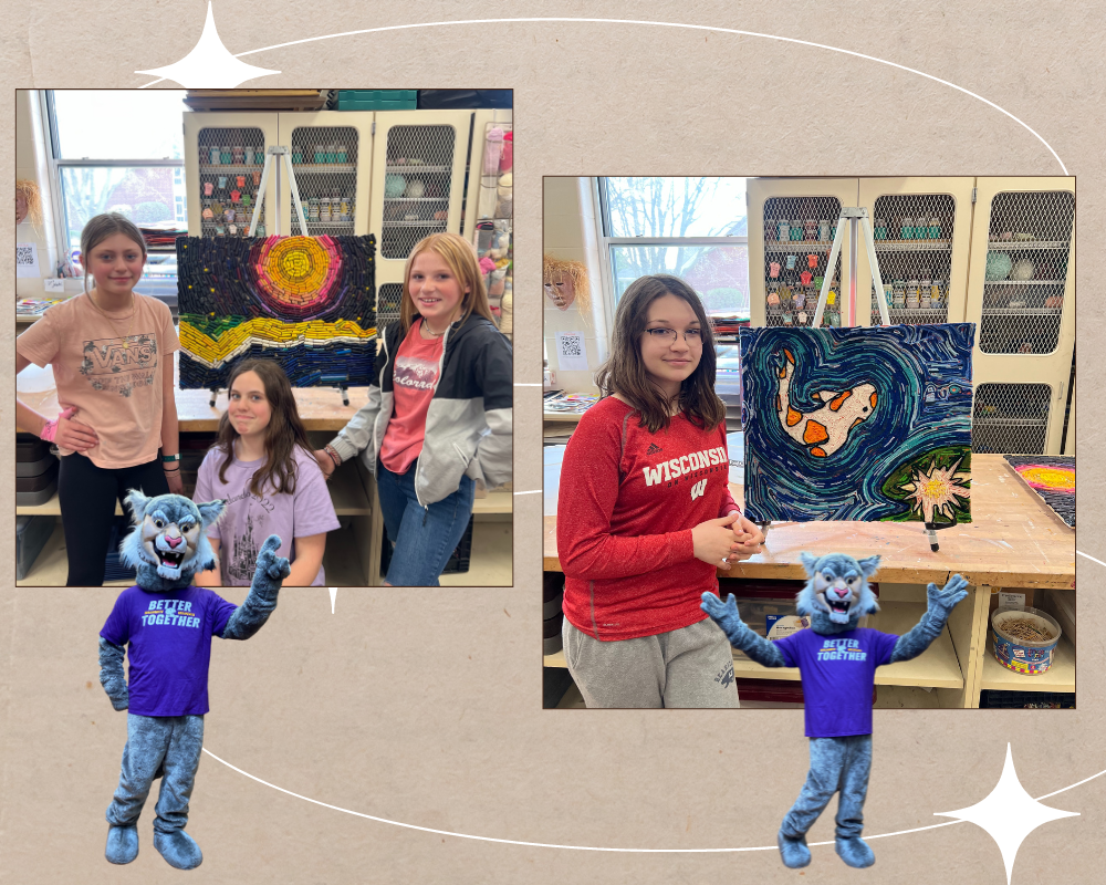Among those displaying their works were Aria R., Sabrina M., and Brieana R.-G. with a broken crayon mosaic, and Ava K. with a yarn mosaic of a coy fish.