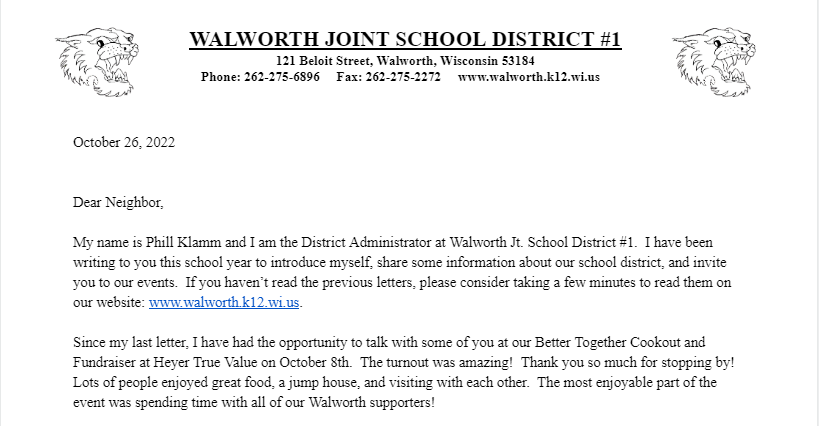 Letter from Walworth Joint School District #1 Dated October 26, 2022